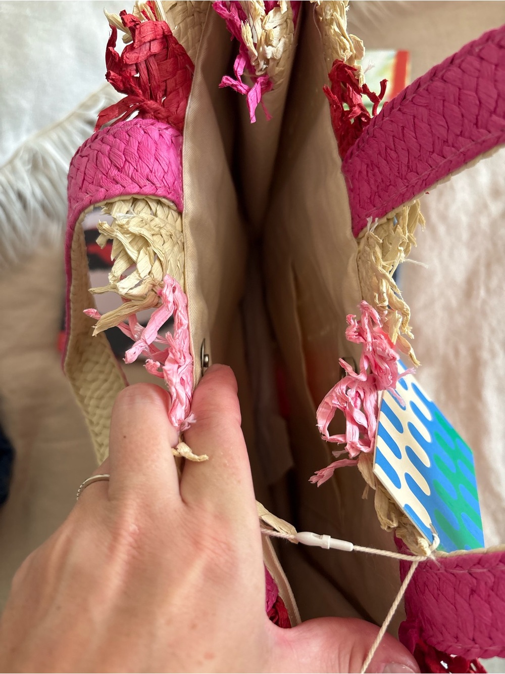 Mister Zimi NEW Pink Red Straw Striped Summer Tote Bag In Sorbet - Picture 7 of 7